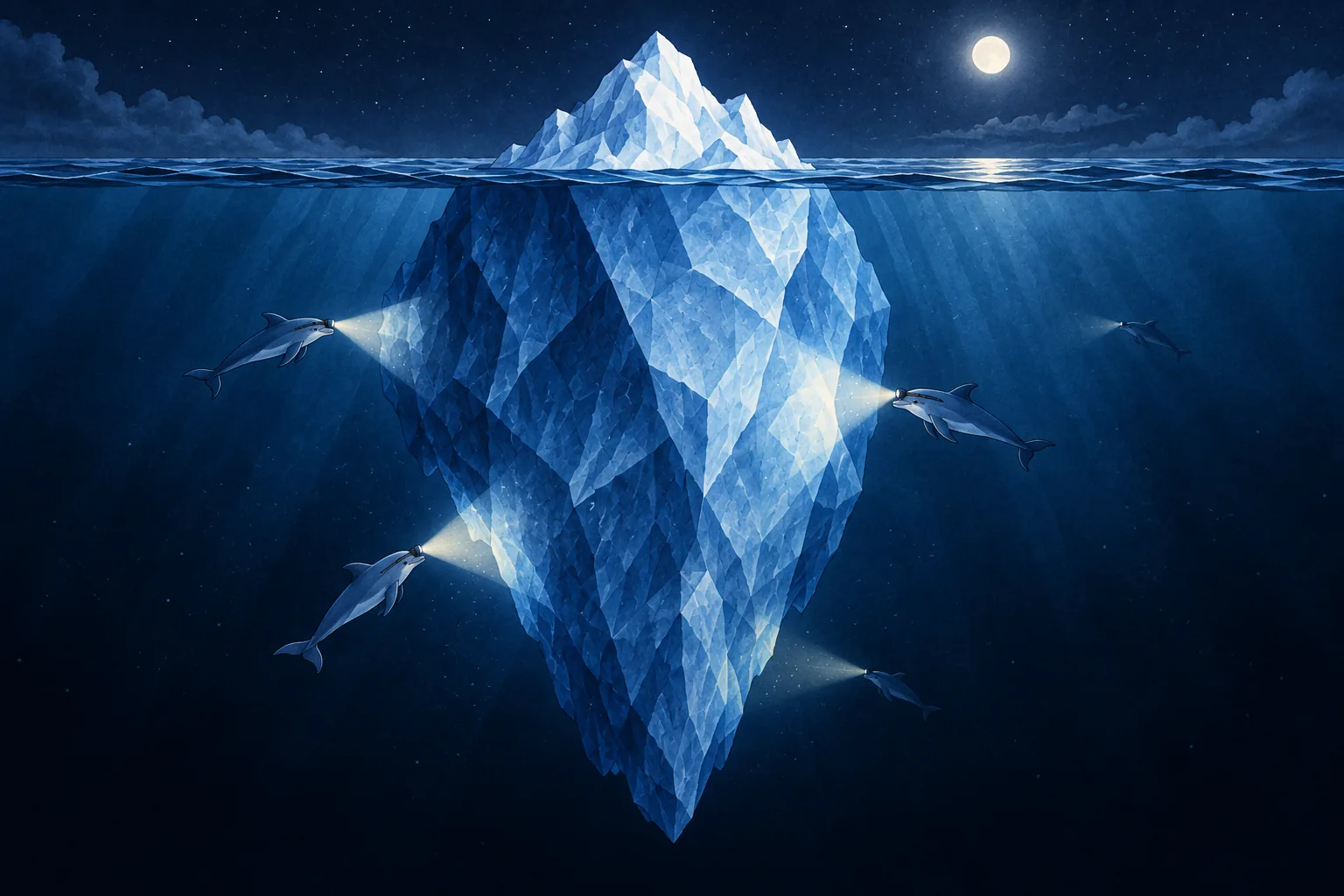 A team of small dolphins shines headlamps onto the submerged structure of an iceberg at night.