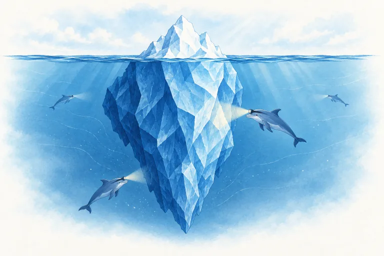 Three small dolphins with headlamps survey the underwater part of an iceberg in daylight.